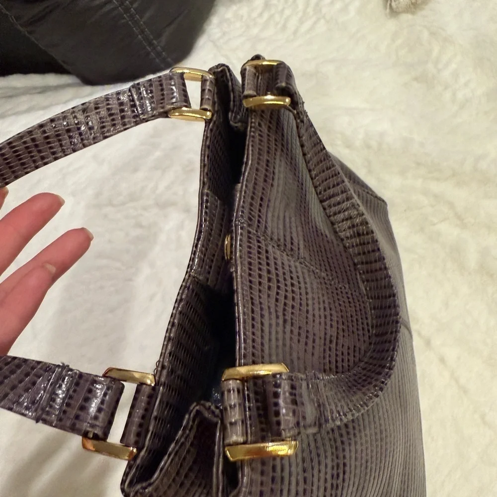 Etienne Aigner Brown Satchel with Structured Shape and Gold Accents